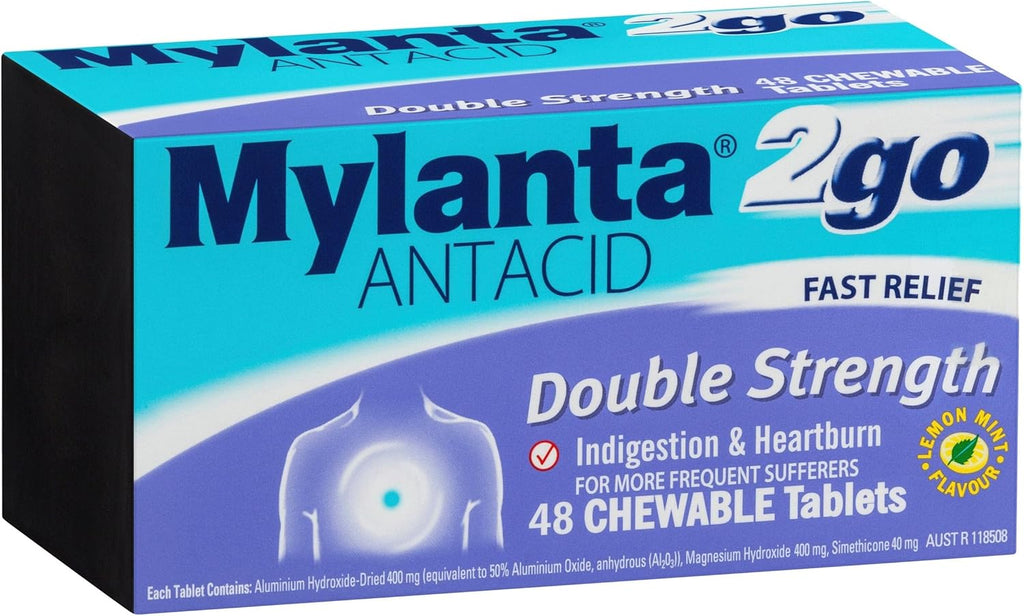 Mylanta 2go Double Strength Chewable Antacid Heartburn 48 Tablets Pack